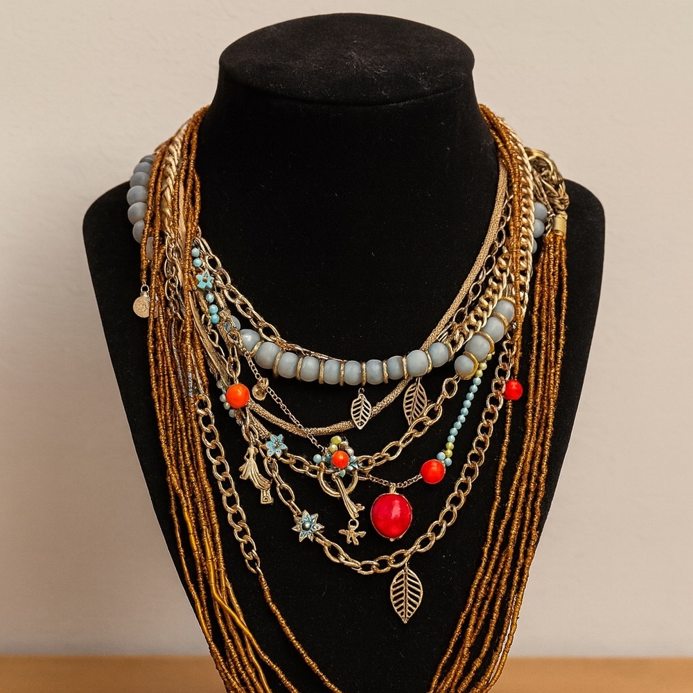 Vintage Boho Chic Necklace Bundle Beads Charms & Golden Chains